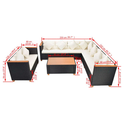 6 pcs conjunto lounge de jardim c/ almofadões vime PE preto