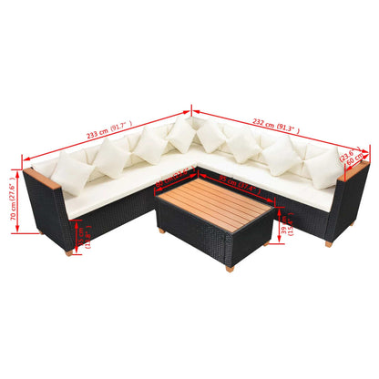 5 pcs conjunto lounge de jardim c/ almofadões vime PE preto