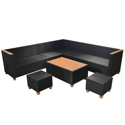 7 pcs conjunto lounge de jardim c/ almofadões vime PE preto