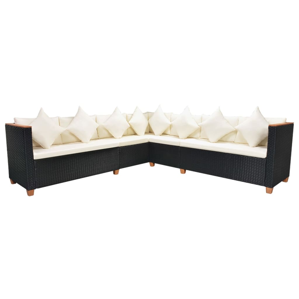 7 pcs conjunto lounge de jardim c/ almofadões vime PE preto