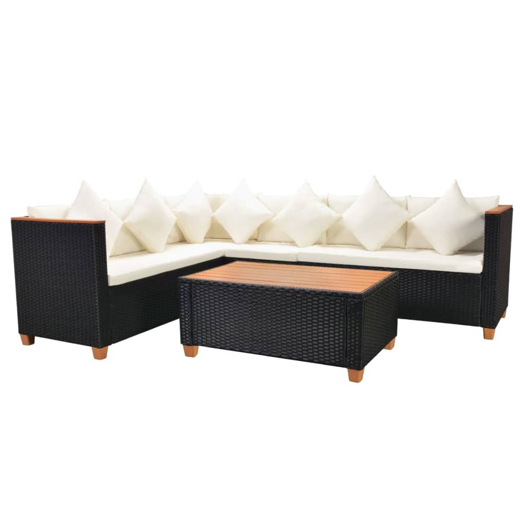 4 pcs conjunto lounge de jardim c/ almofadões vime PE preto