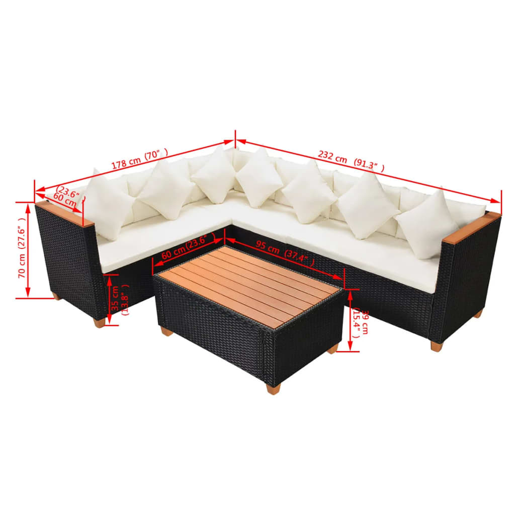 4 pcs conjunto lounge de jardim c/ almofadões vime PE preto