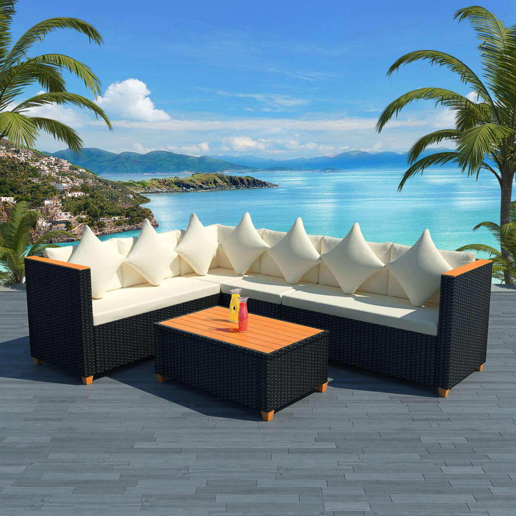 4 pcs conjunto lounge de jardim c/ almofadões vime PE preto