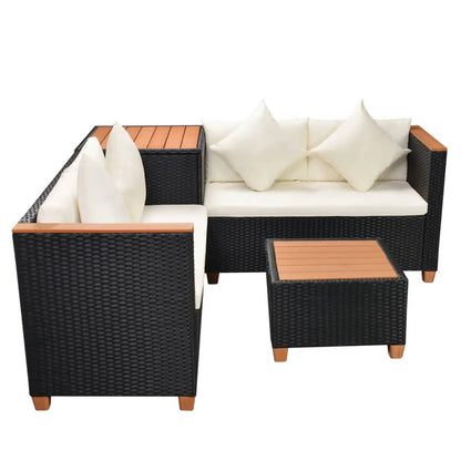 4 pcs conjunto lounge de jardim c/ almofadões vime PE preto