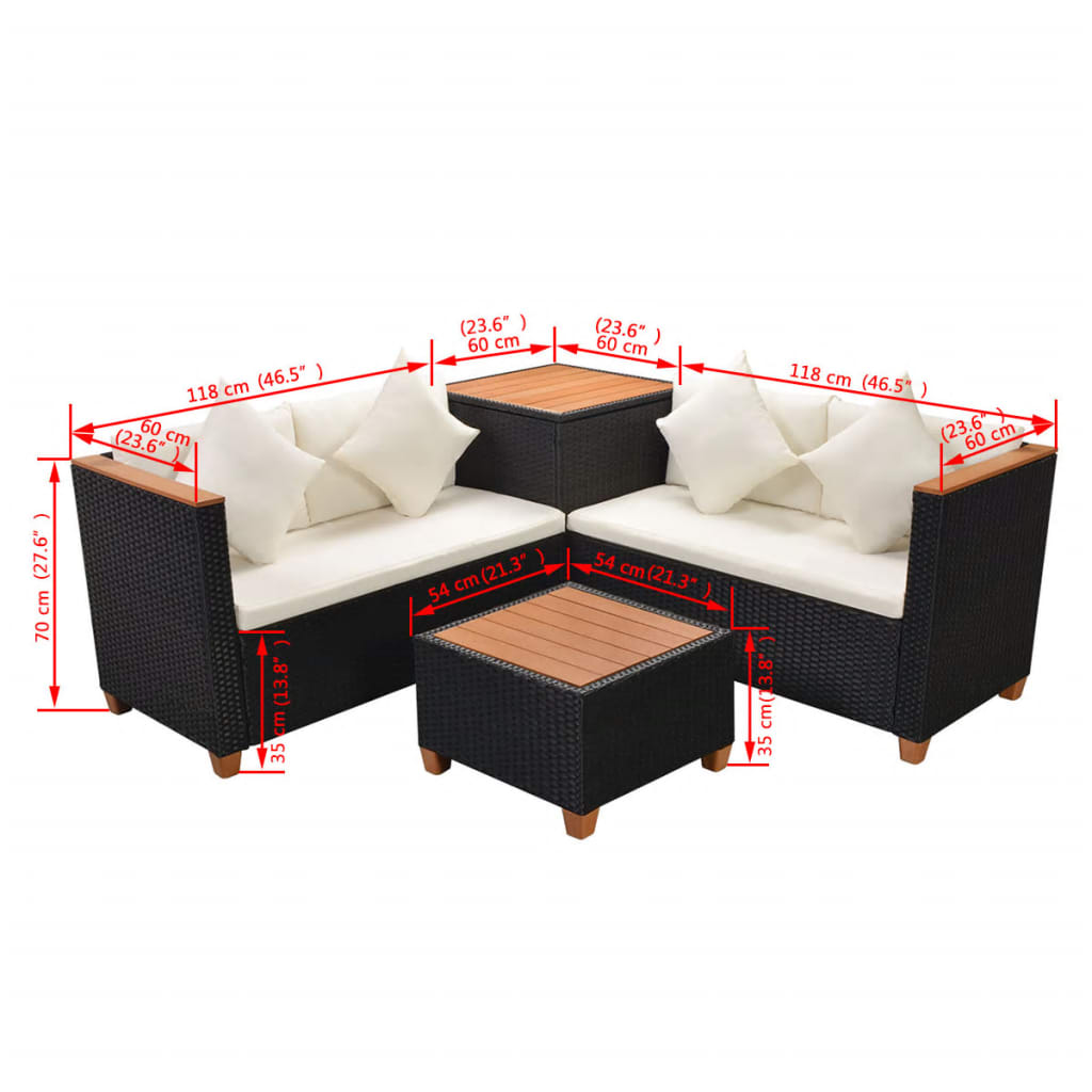 4 pcs conjunto lounge de jardim c/ almofadões vime PE preto