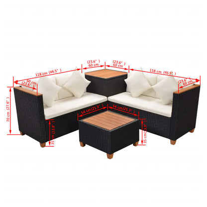 4 pcs conjunto lounge de jardim c/ almofadões vime PE preto