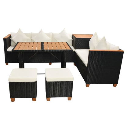 7 pcs conjunto lounge de jardim c/ almofadões vime PE preto