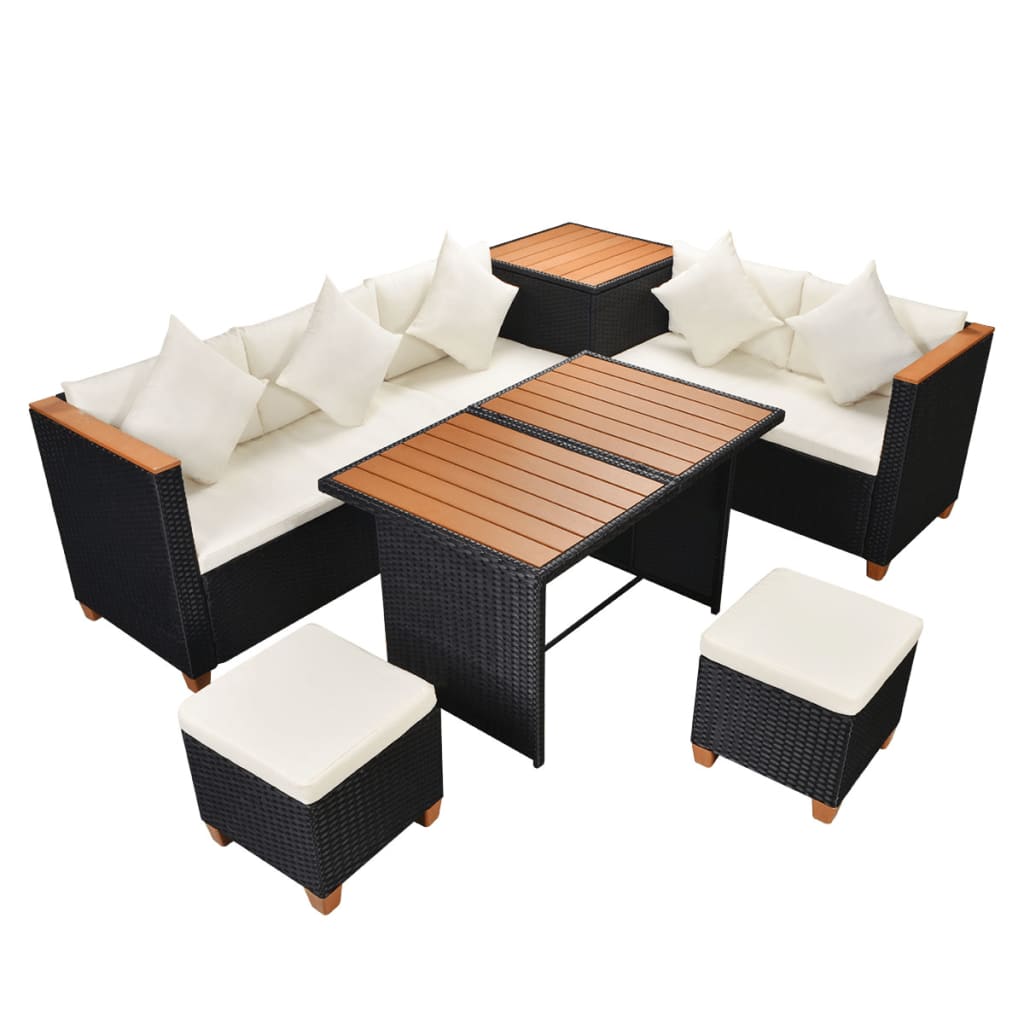 7 pcs conjunto lounge de jardim c/ almofadões vime PE preto