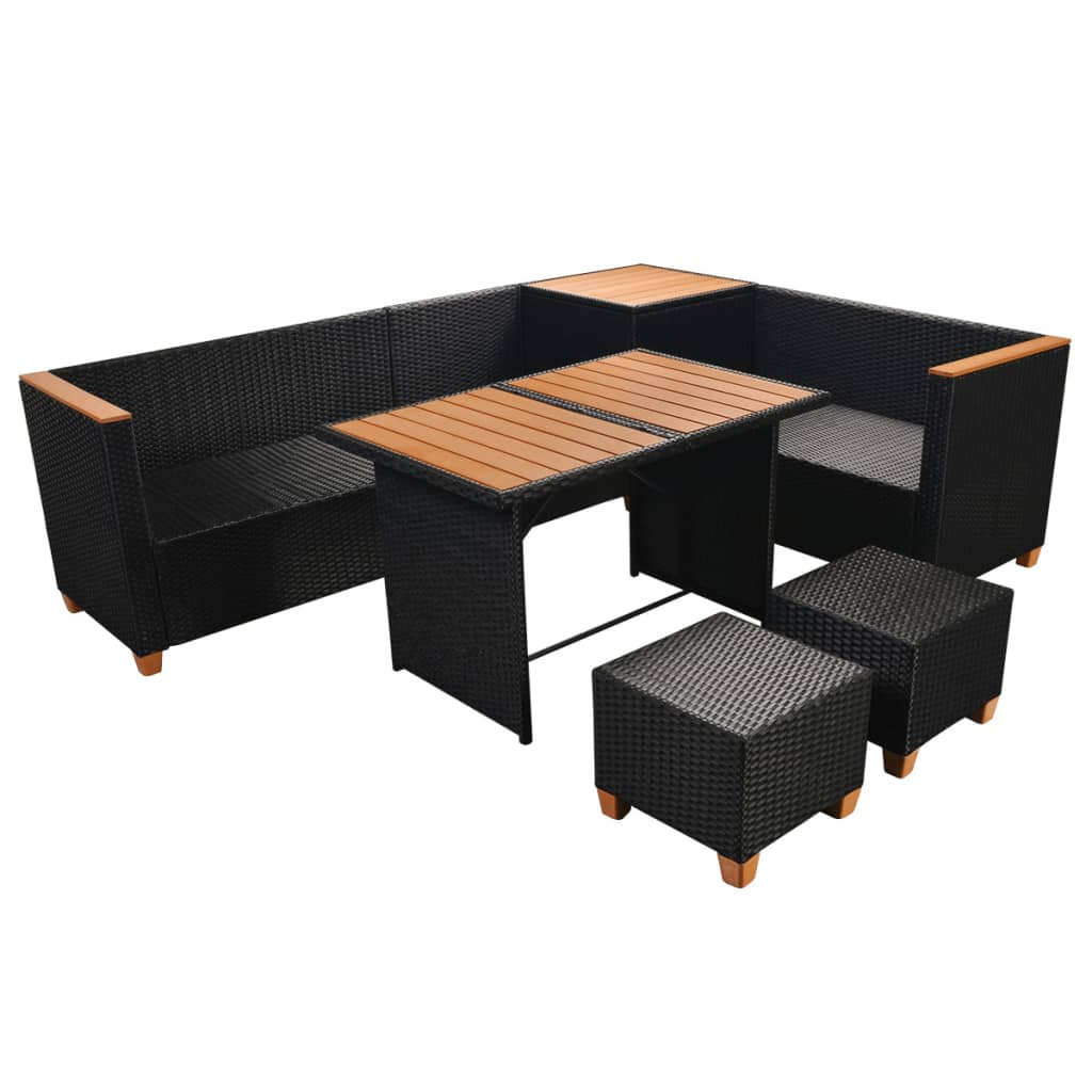 7 pcs conjunto lounge de jardim c/ almofadões vime PE preto