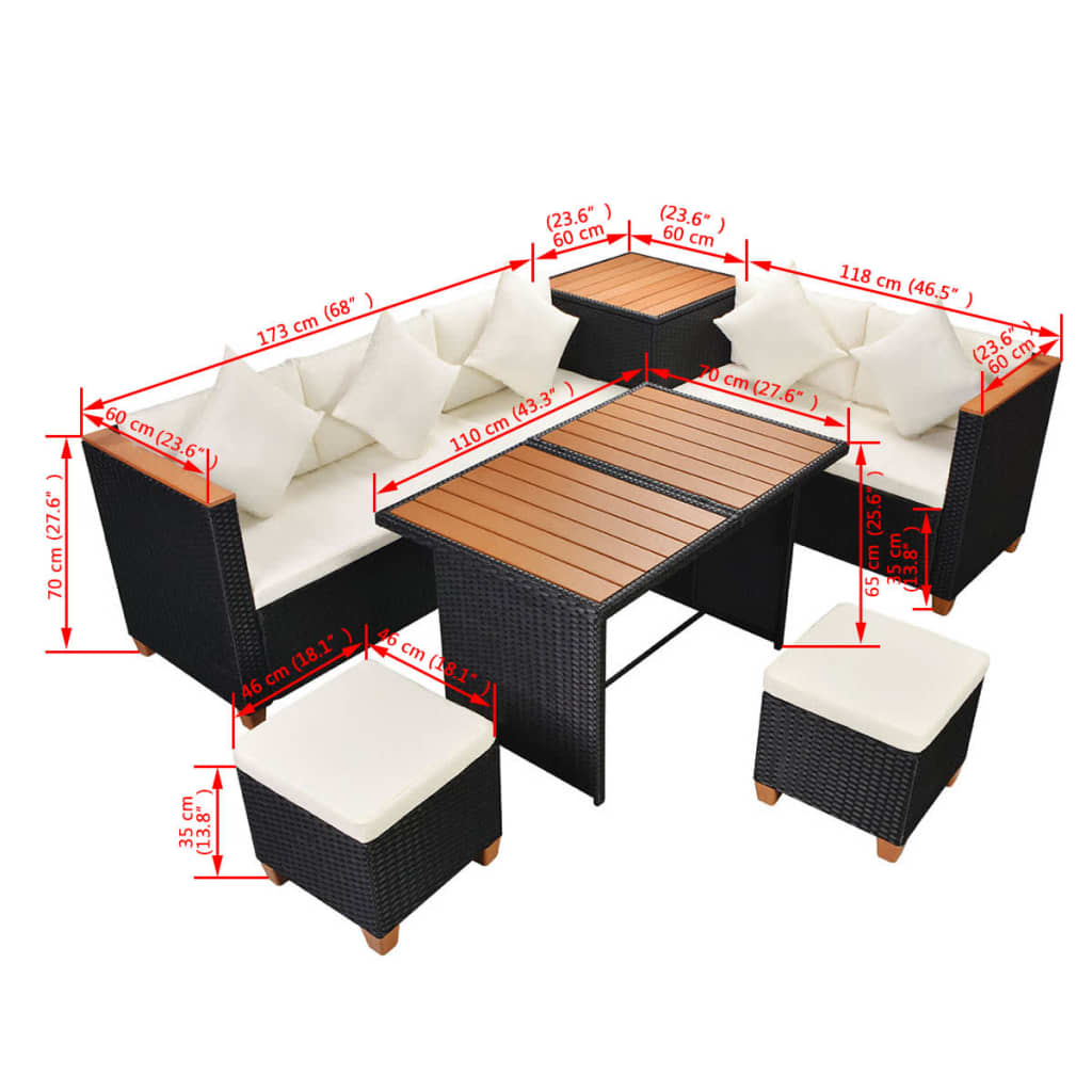 7 pcs conjunto lounge de jardim c/ almofadões vime PE preto