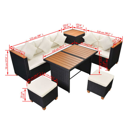 7 pcs conjunto lounge de jardim c/ almofadões vime PE preto