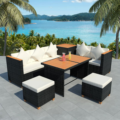 7 pcs conjunto lounge de jardim c/ almofadões vime PE preto