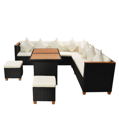 7 pcs conjunto lounge de jardim c/ almofadões vime PE preto