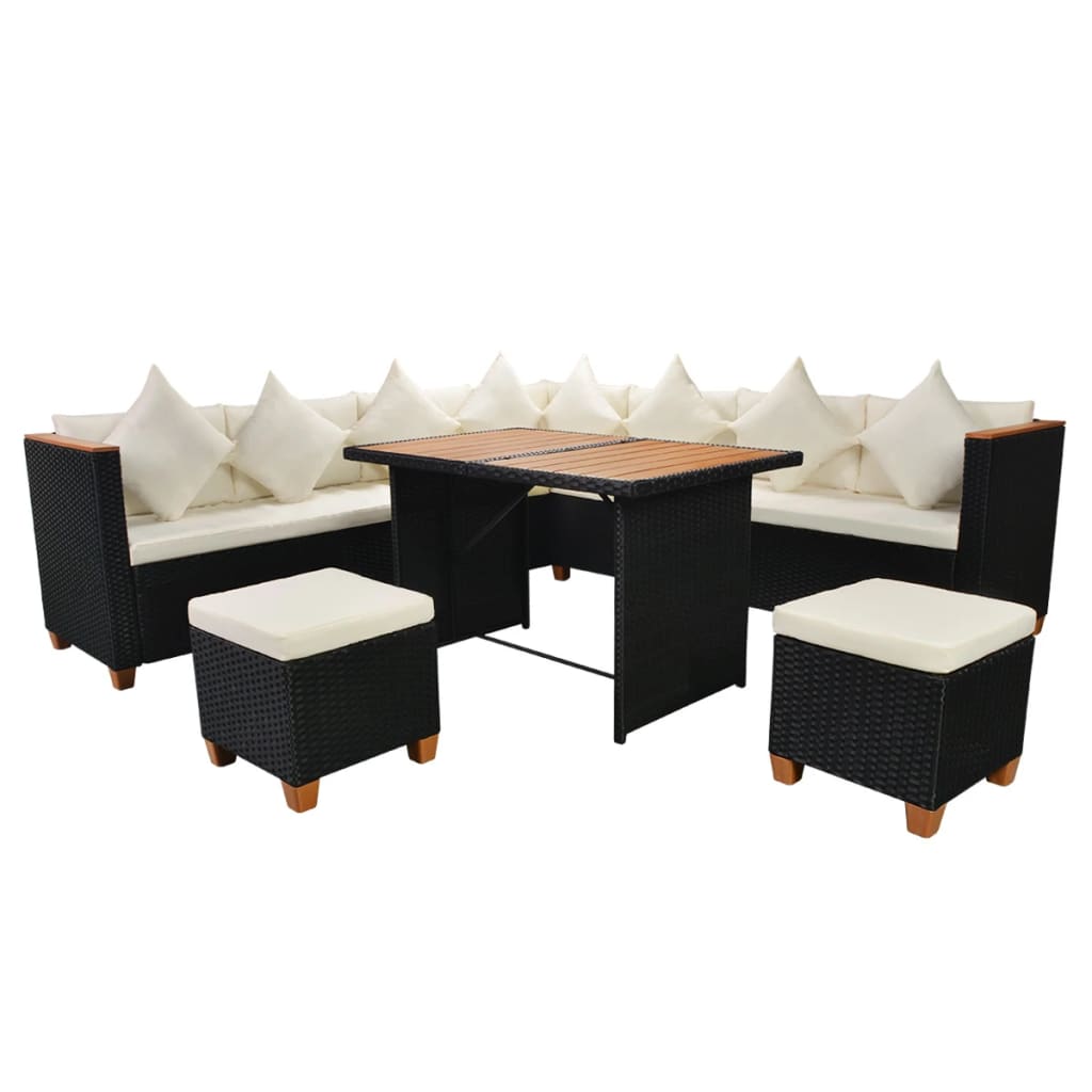 7 pcs conjunto lounge de jardim c/ almofadões vime PE preto