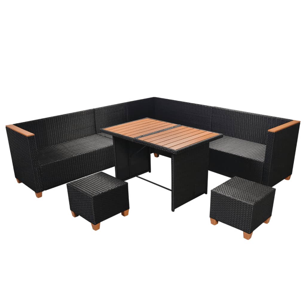 7 pcs conjunto lounge de jardim c/ almofadões vime PE preto