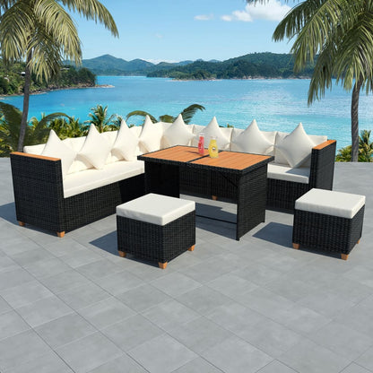 7 pcs conjunto lounge de jardim c/ almofadões vime PE preto