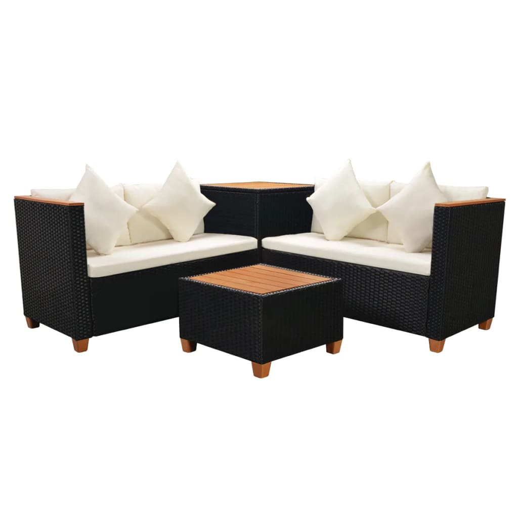 4 pcs conjunto lounge de jardim c/ almofadões vime PE preto