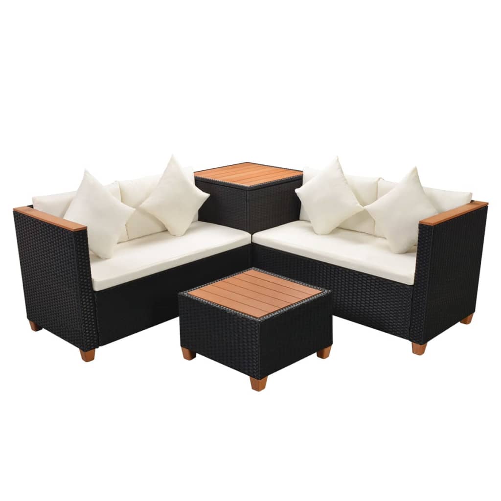 4 pcs conjunto lounge de jardim c/ almofadões vime PE preto