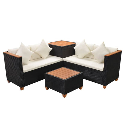 4 pcs conjunto lounge de jardim c/ almofadões vime PE preto