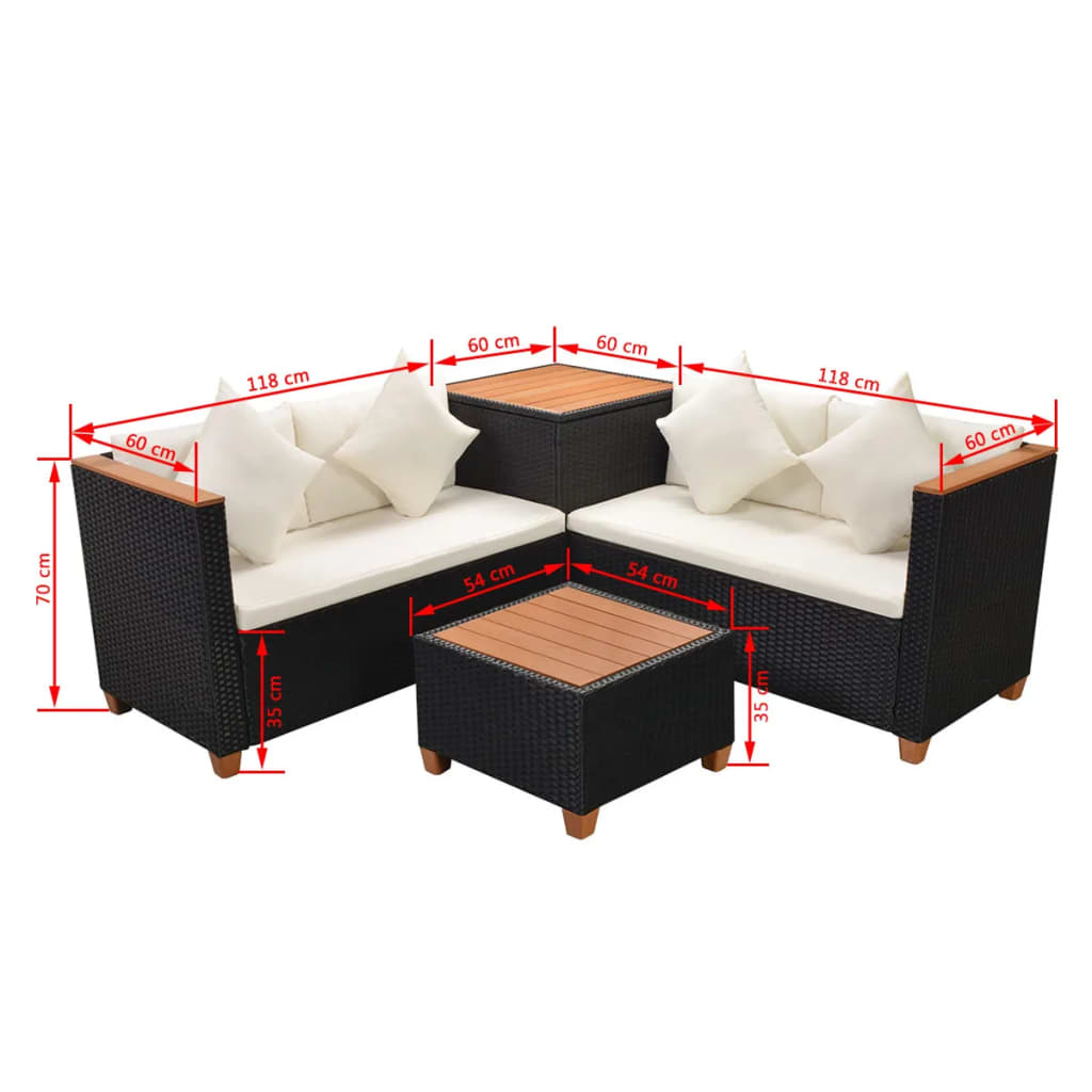 4 pcs conjunto lounge de jardim c/ almofadões vime PE preto