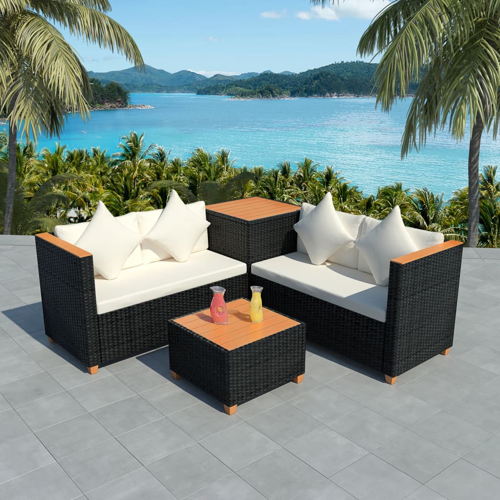 4 pcs conjunto lounge de jardim c/ almofadões vime PE preto