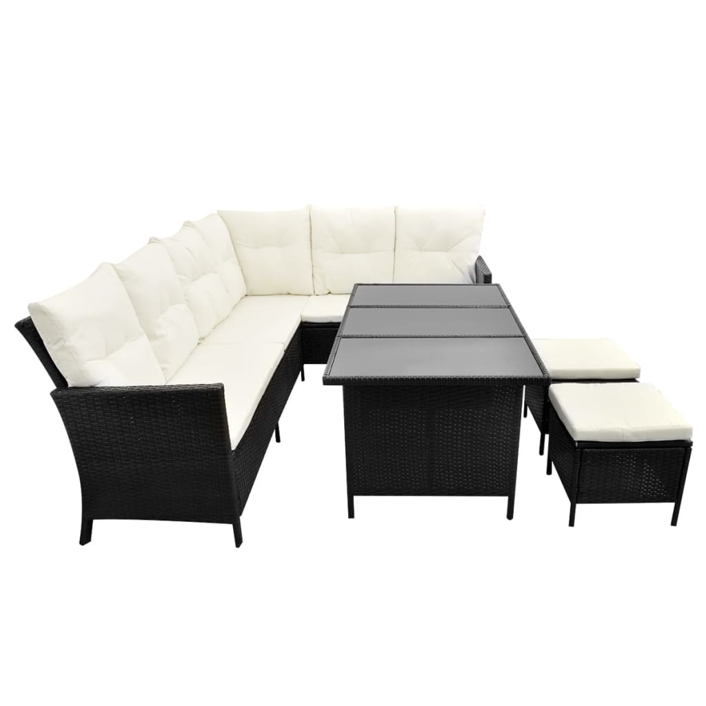 4 pcs conjunto lounge de jardim c/ almofadões vime PE preto