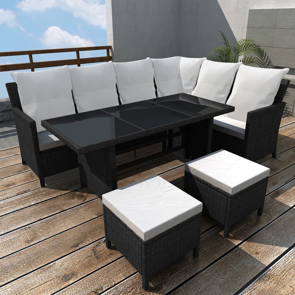 4 pcs conjunto lounge de jardim c/ almofadões vime PE preto