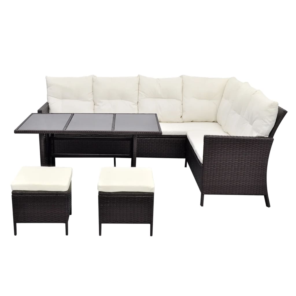 4 pcs conjunto lounge jardim c/ almofadões vime PE castanho