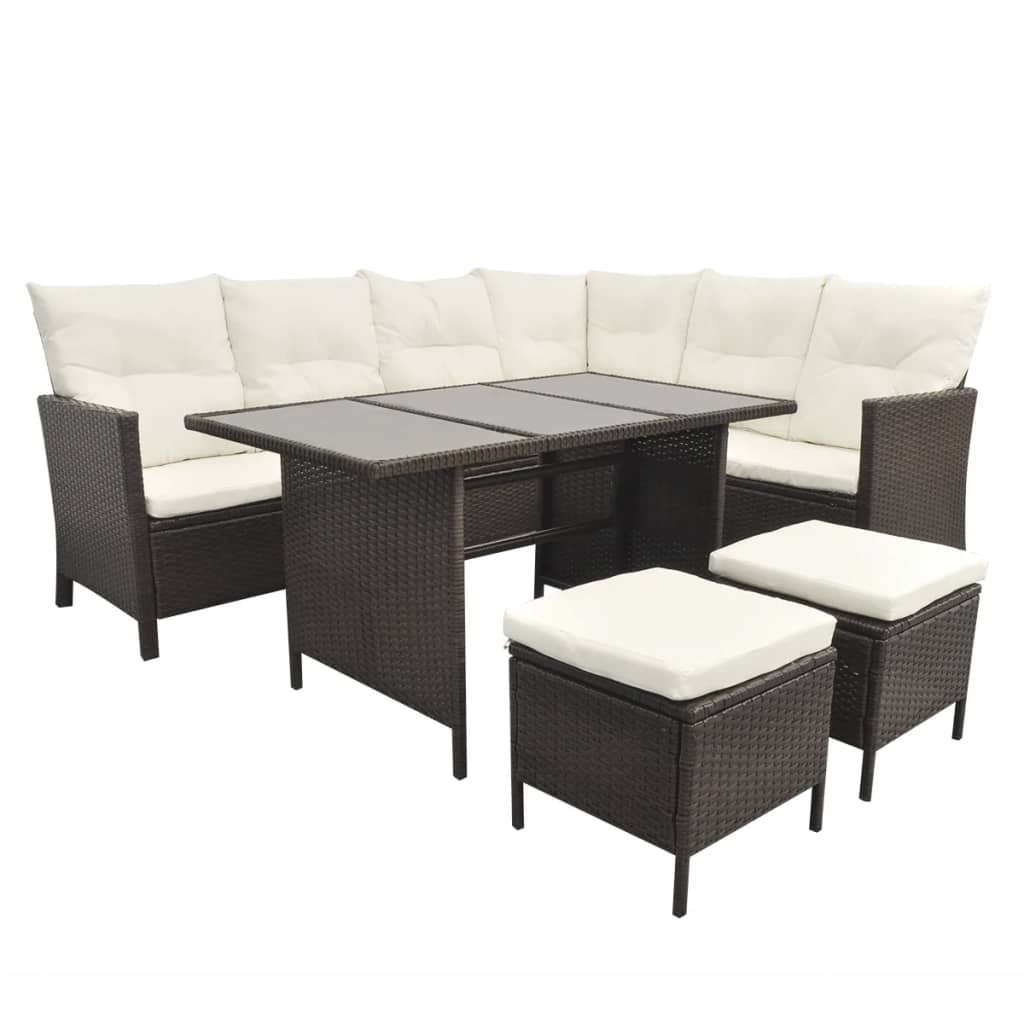 4 pcs conjunto lounge jardim c/ almofadões vime PE castanho