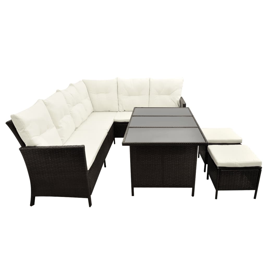 4 pcs conjunto lounge jardim c/ almofadões vime PE castanho