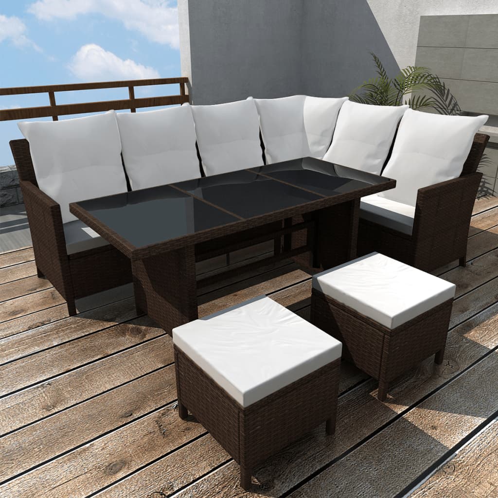 4 pcs conjunto lounge jardim c/ almofadões vime PE castanho