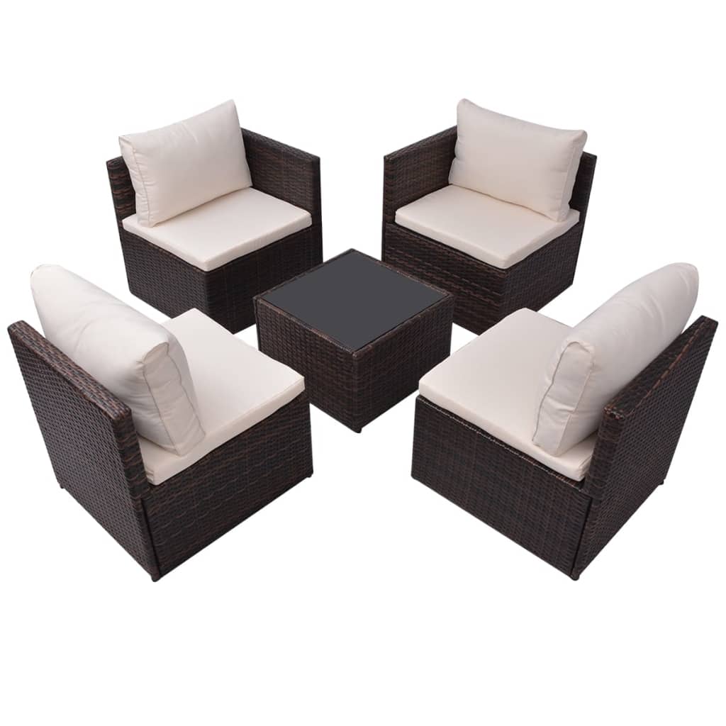 5 pcs conjunto lounge jardim c/ almofadões vime PE castanho