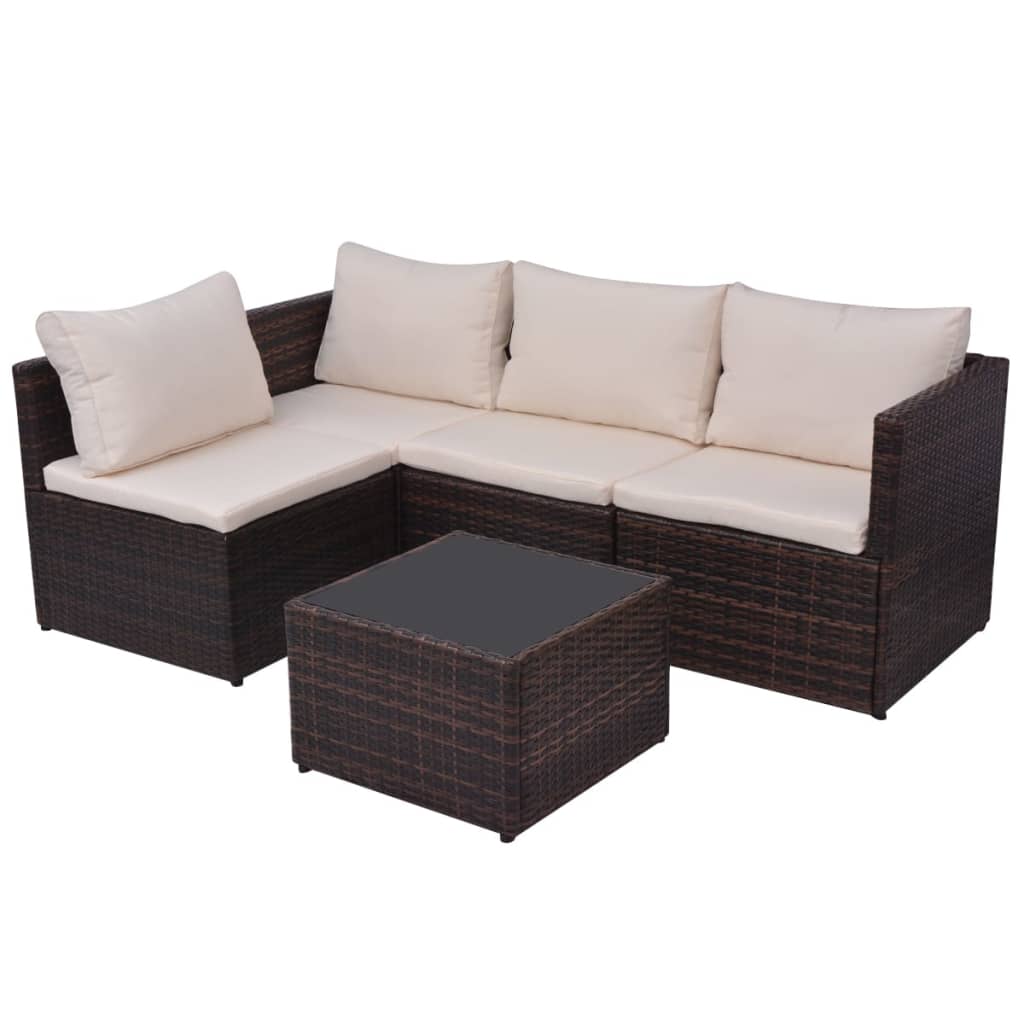 5 pcs conjunto lounge jardim c/ almofadões vime PE castanho