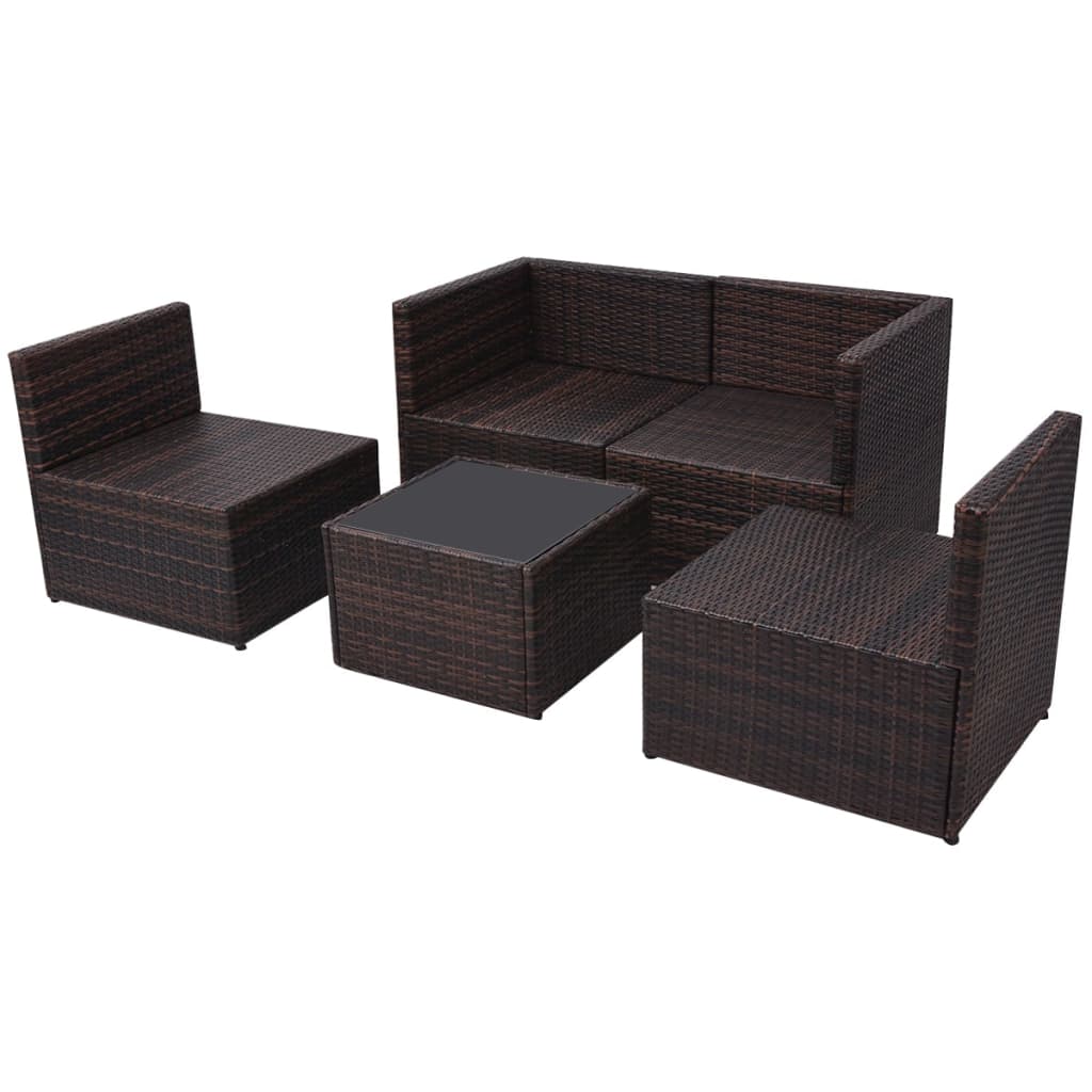 5 pcs conjunto lounge jardim c/ almofadões vime PE castanho