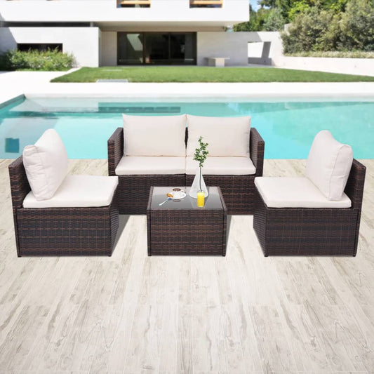 5 pcs conjunto lounge jardim c/ almofadões vime PE castanho