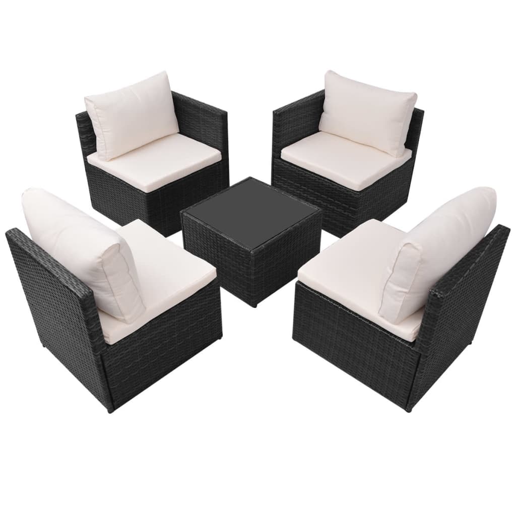 5 pcs conjunto lounge de jardim c/ almofadões vime PE preto