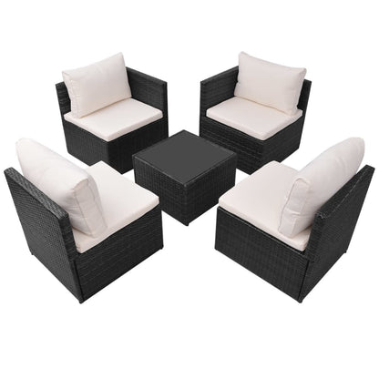 5 pcs conjunto lounge de jardim c/ almofadões vime PE preto