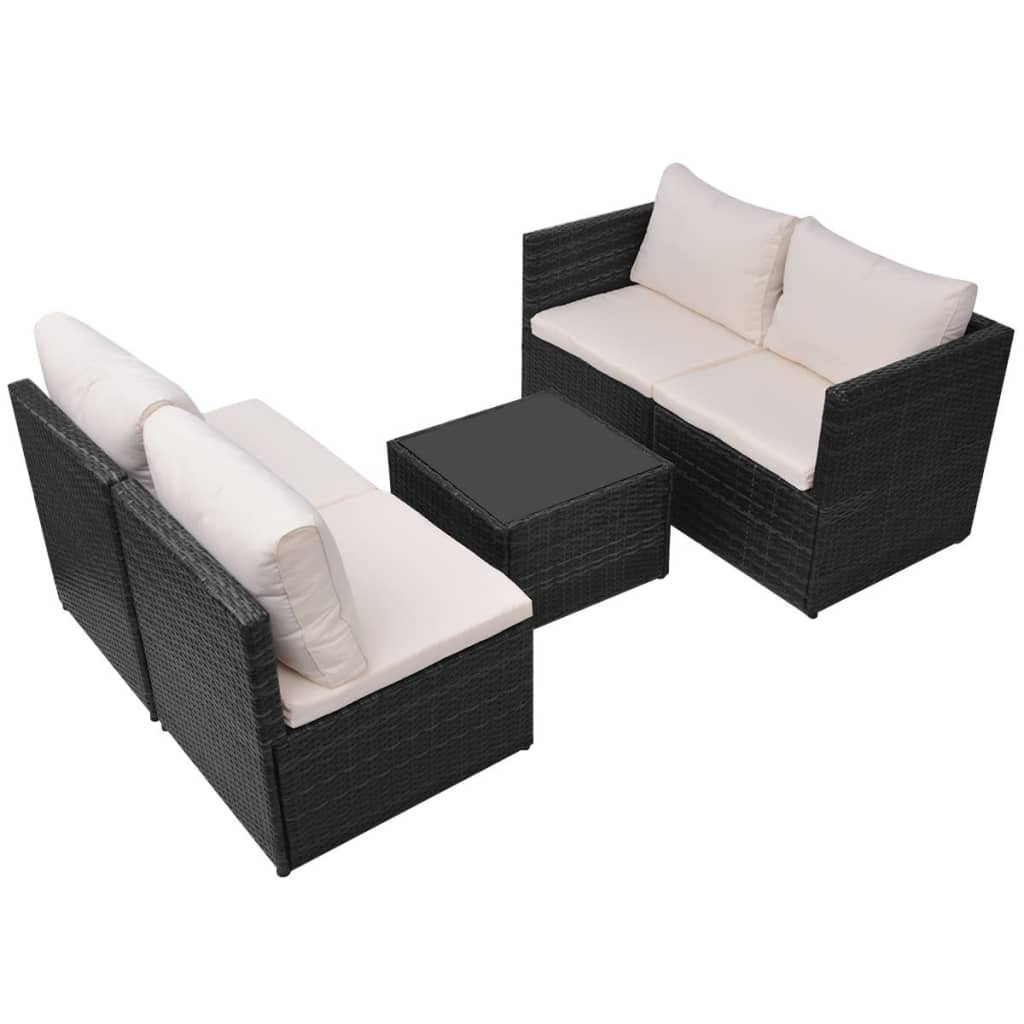 5 pcs conjunto lounge de jardim c/ almofadões vime PE preto