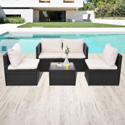 5 pcs conjunto lounge de jardim c/ almofadões vime PE preto