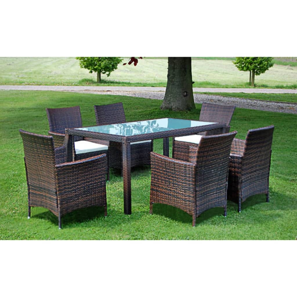 7 pcs conjunto jantar exterior com almofadões vime PE castanho