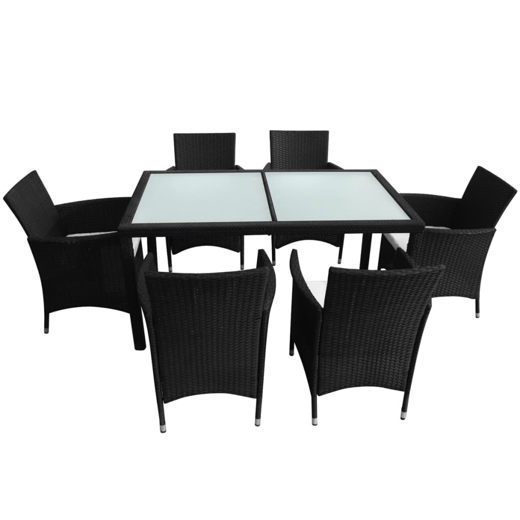 7 pcs conjunto jantar exterior com almofadões vime PE preto