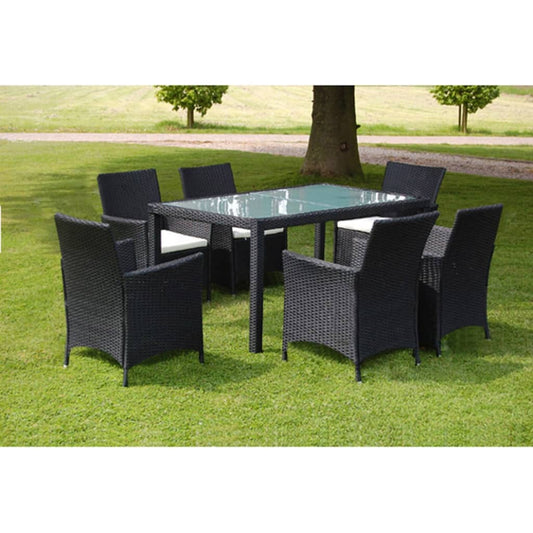 7 pcs conjunto jantar exterior com almofadões vime PE preto