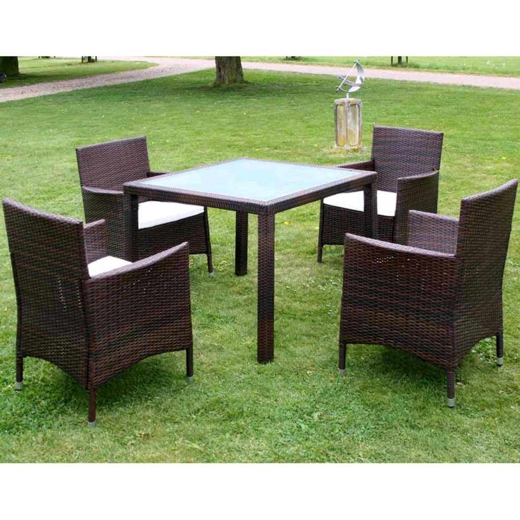 5pcs conjunto de jantar exterior c/ almofadões vime PE castanho