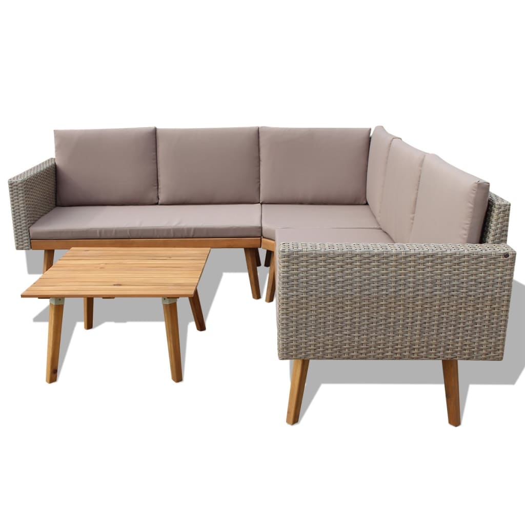 4 pcs conjunto lounge de jardim c/ almofadões vime PE cinzento