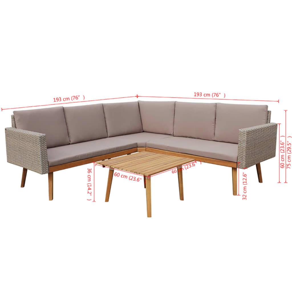 4 pcs conjunto lounge de jardim c/ almofadões vime PE cinzento