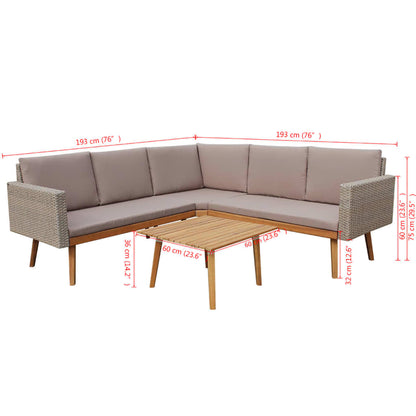 4 pcs conjunto lounge de jardim c/ almofadões vime PE cinzento