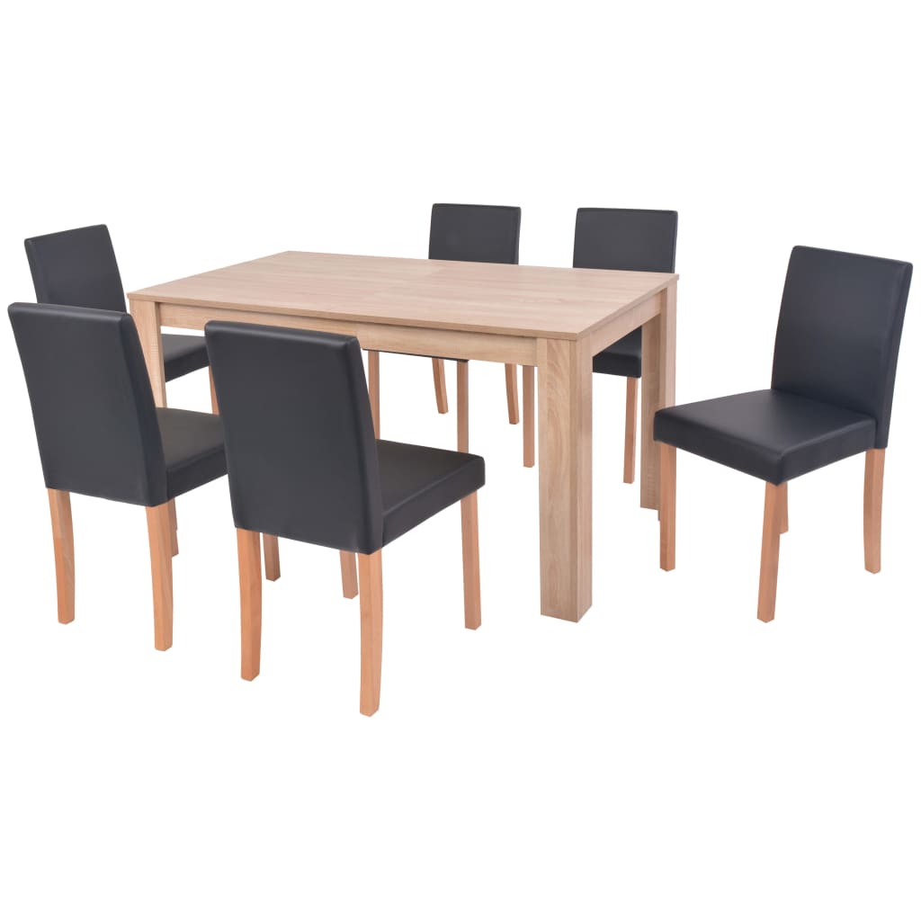 Mesa e cadeiras de jantar 7 pcs couro artificial carvalho preto