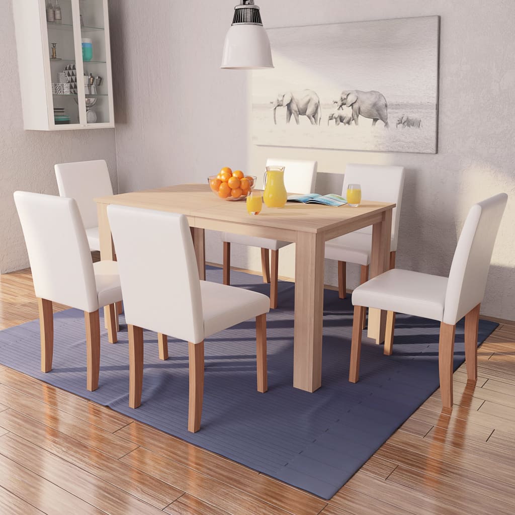 Mesa e cadeiras de jantar 7 pcs couro artificial carvalho creme