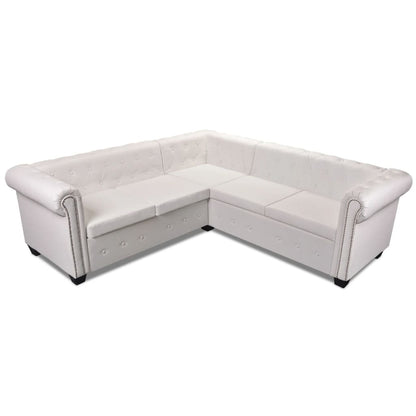 Sofá Chesterfield - De Canto com 5 Lugares - Cor Branco - Couro Artificial - 205x205x73 cm - Design Vintage