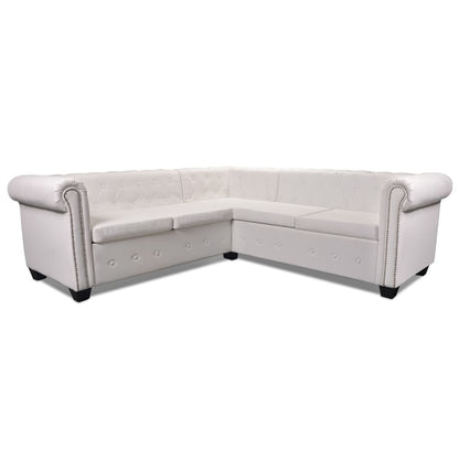 Sofá Chesterfield - De Canto com 5 Lugares - Cor Branco - Couro Artificial - 205x205x73 cm - Design Vintage